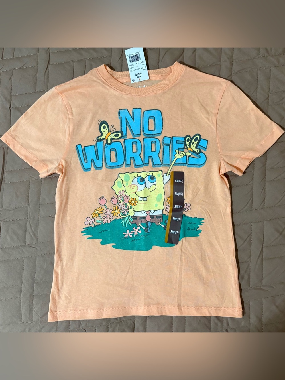 'No Worries SpongeBob  Peach Graphic Tee Shirt Child Small 6/7 NEW